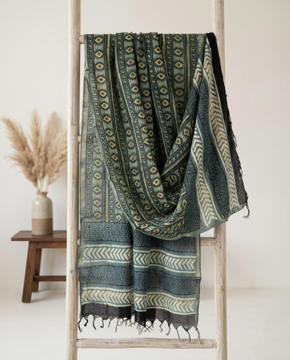 Indigo & Olive Hand-Block Ajrakh Printed Cotton  Dupatta with Zari Border