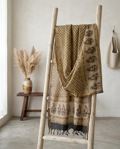 Earthy Hand-Block Printed Cotton  Dupatta with Geometric & Floral Motifs