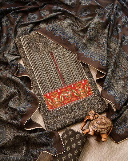 Earthy Elegance: Hand-Block Print Unstitched Cotton Suit with Embroidered Yoke