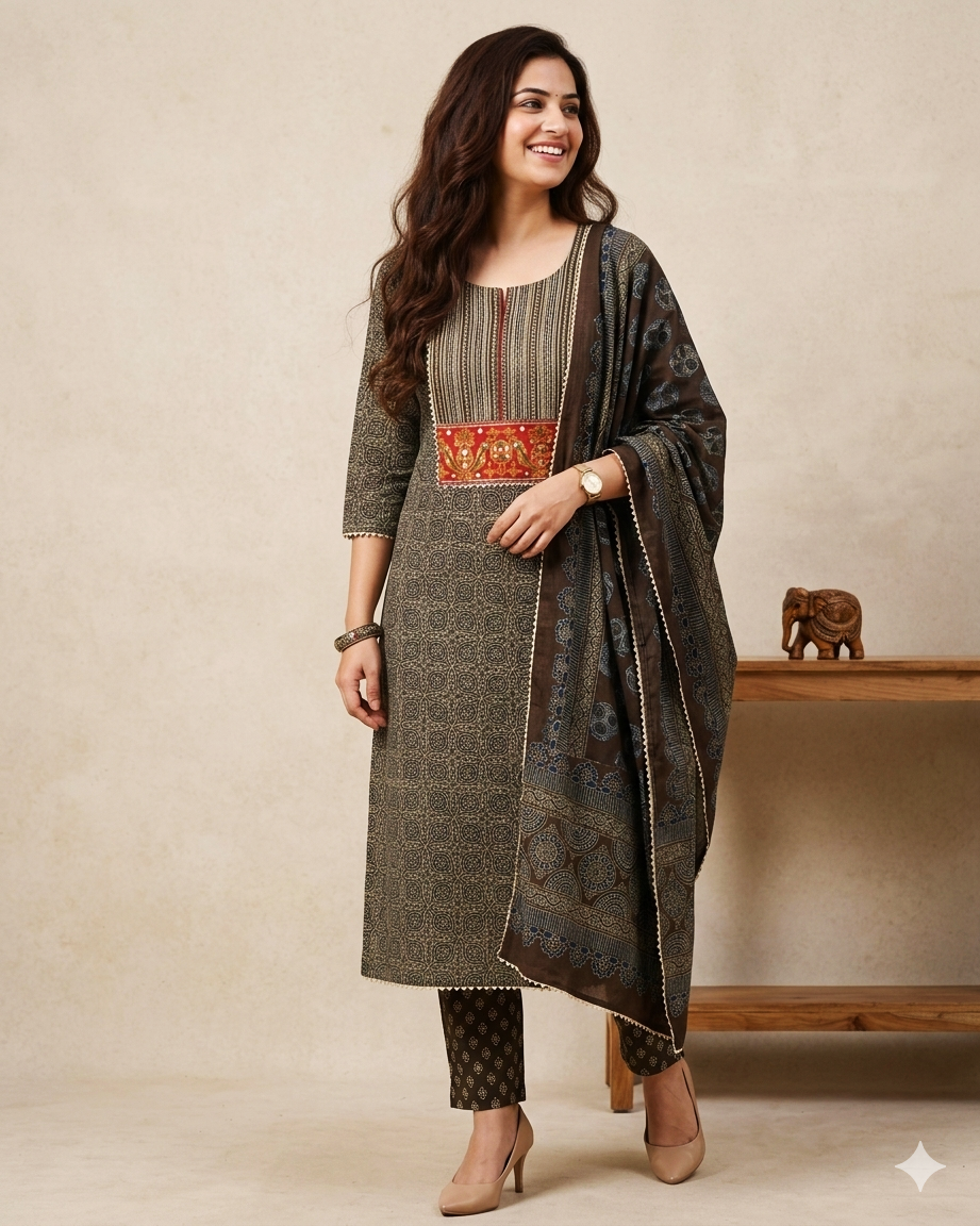 Earthy Elegance: Hand-Block Print Unstitched Cotton Suit with Embroidered Yoke