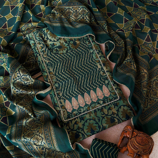 Emerald Green Unstitched Cotton Suit Set with Gota Patti Work