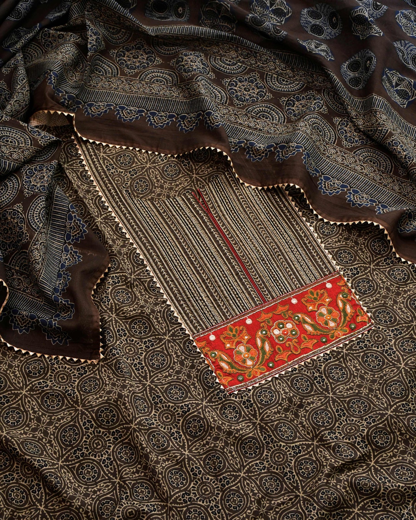 Earthy Elegance: Hand-Block Print Unstitched Cotton Suit with Embroidered Yoke