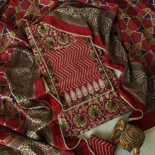 Maroon Majesty: Hand-Block Print Unstitched Cotton Suit with Gota Patti Highlights