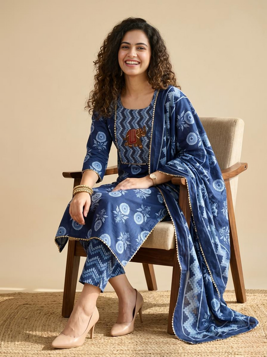 Artisanal Hand-Block Print Cotton Unstitched Suit Set with  Embroidery