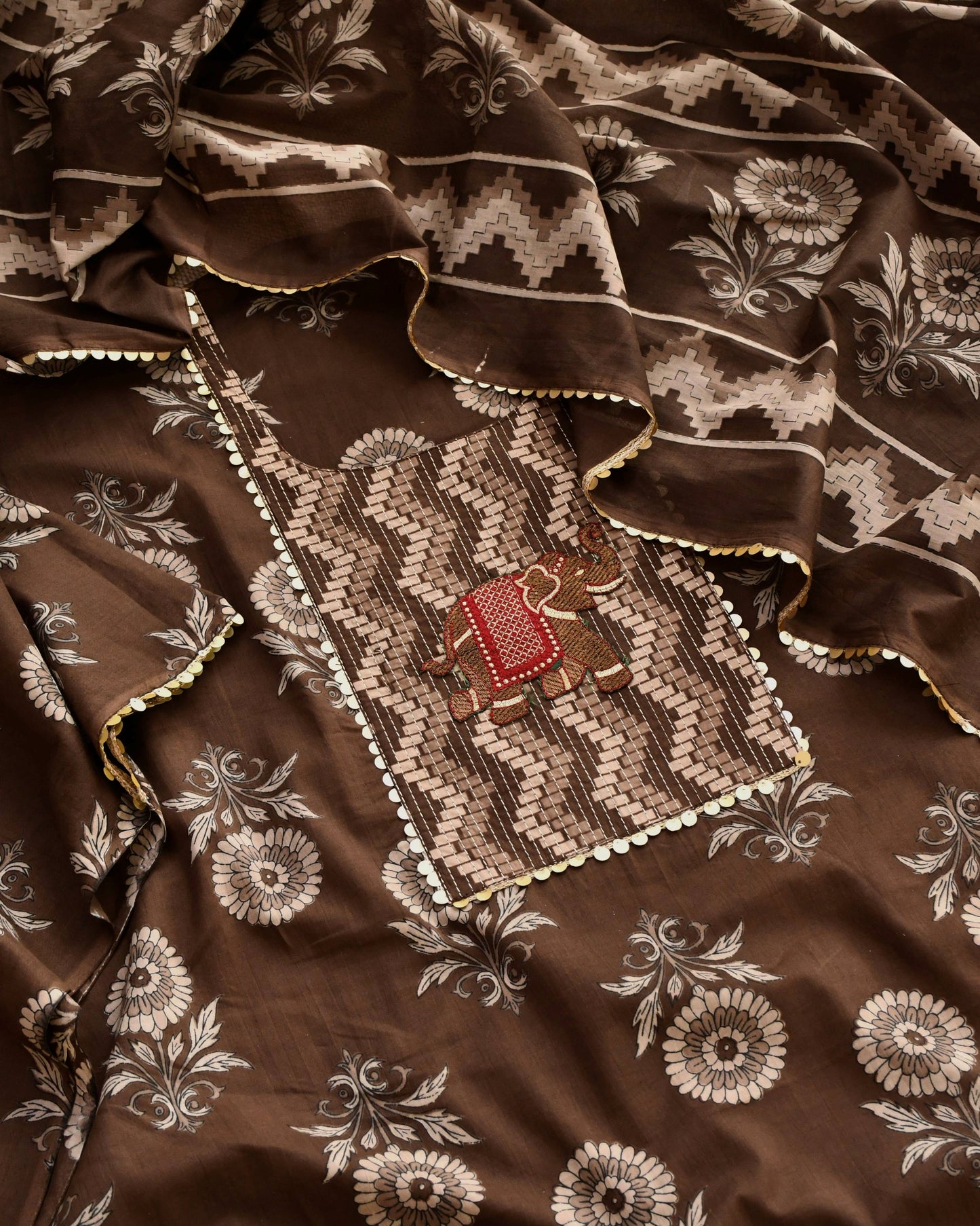 Artisanal Hand-Block Print Cotton Unstitched Suit Set with  Embroidery