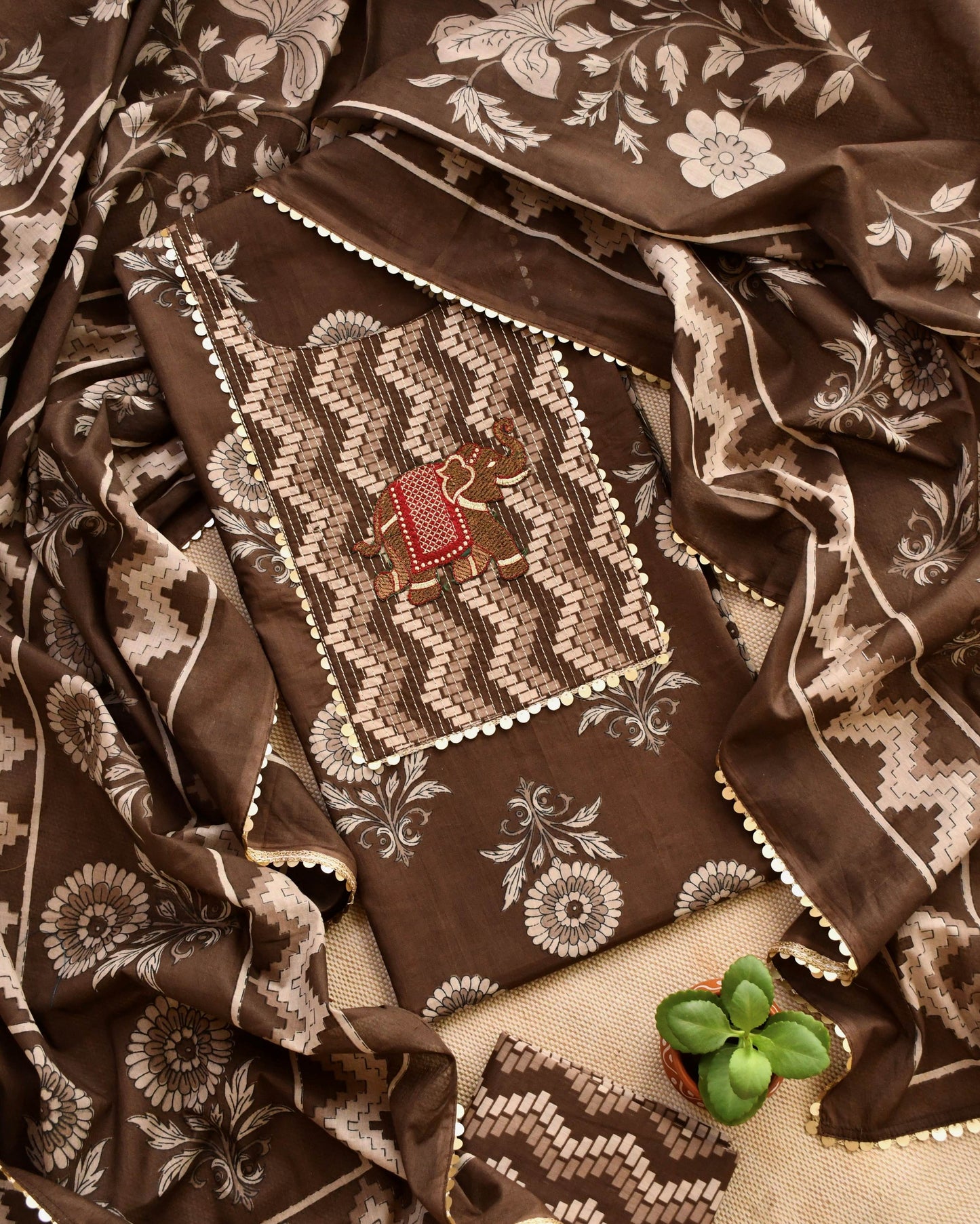 Artisanal Hand-Block Print Cotton Unstitched Suit Set with  Embroidery