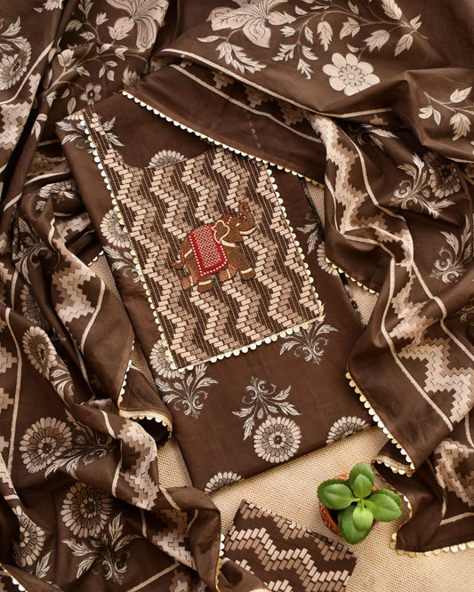 Artisanal Hand-Block Print Cotton Unstitched Suit Set with  Embroidery