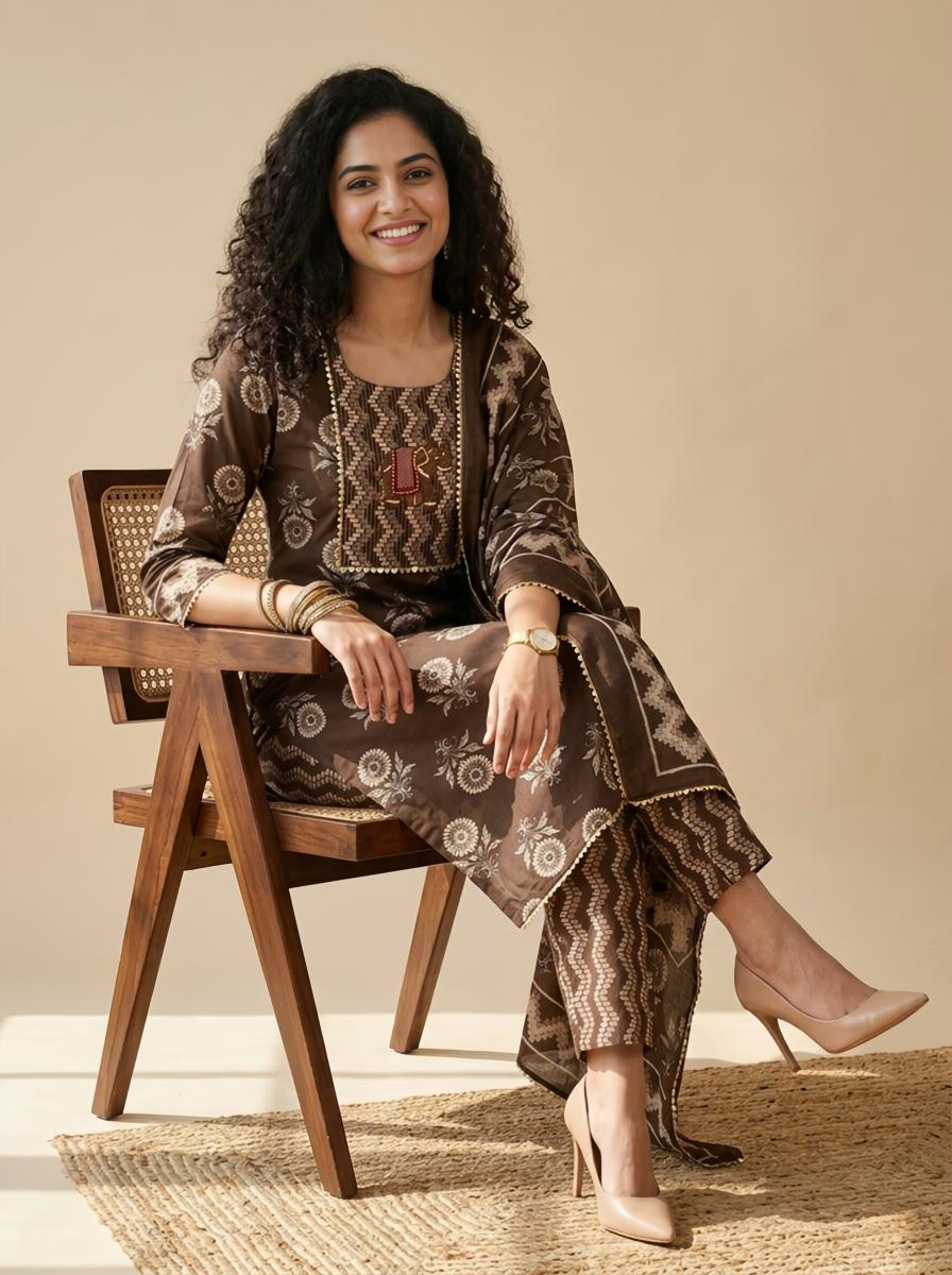 Artisanal Hand-Block Print Cotton Unstitched Suit Set with  Embroidery