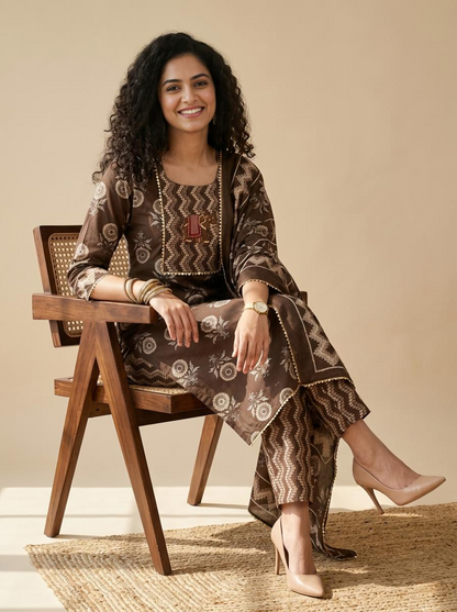 Artisanal Hand-Block Print Cotton Unstitched Suit Set with  Embroidery