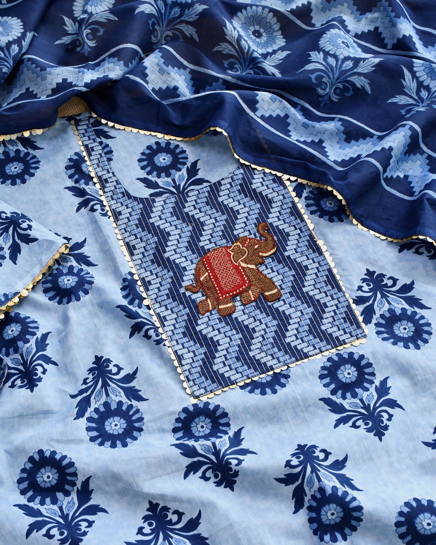 Artisanal Hand-Block Print Cotton Unstitched Suit Set with  Embroidery