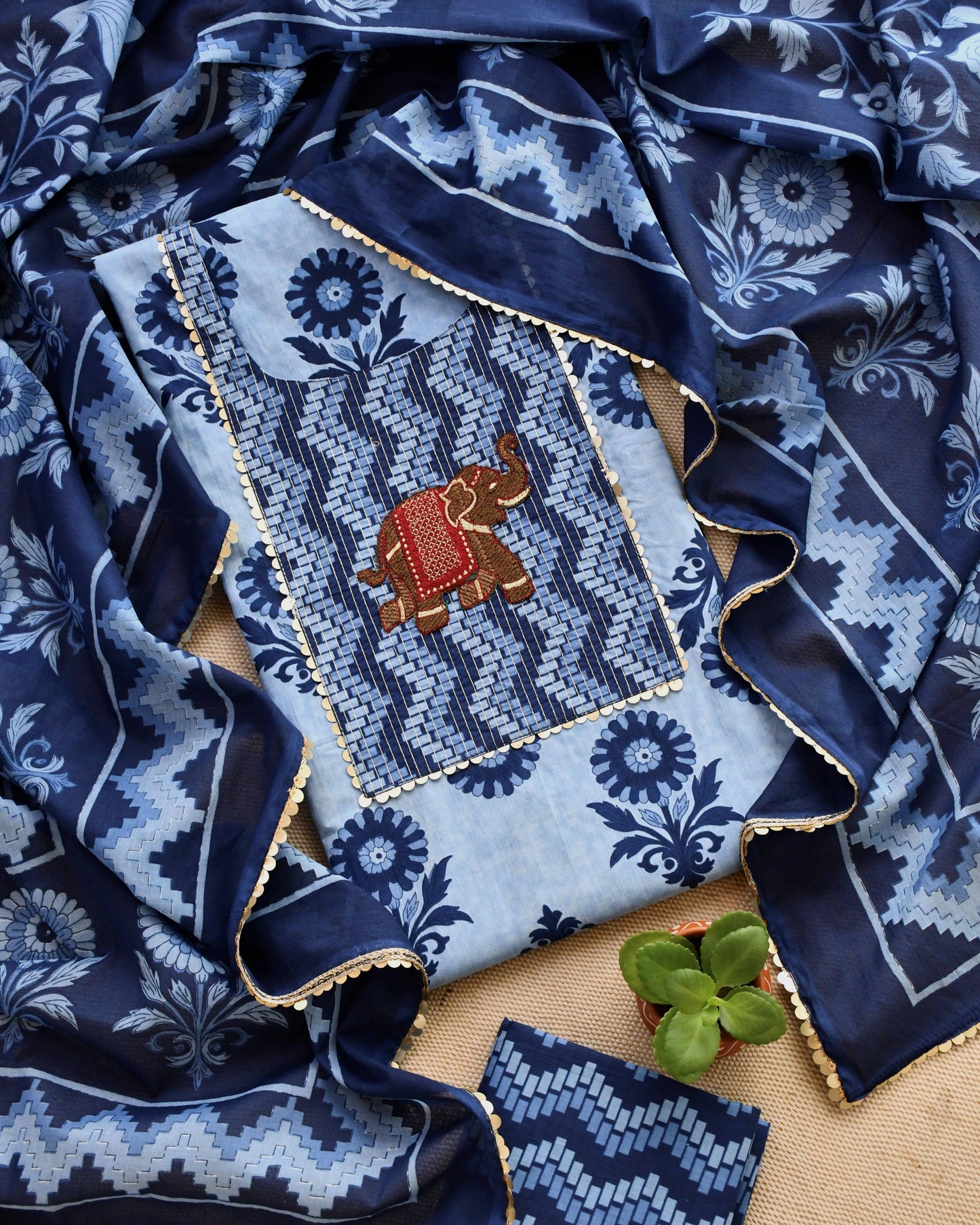 Artisanal Hand-Block Print Cotton Unstitched Suit Set with  Embroidery