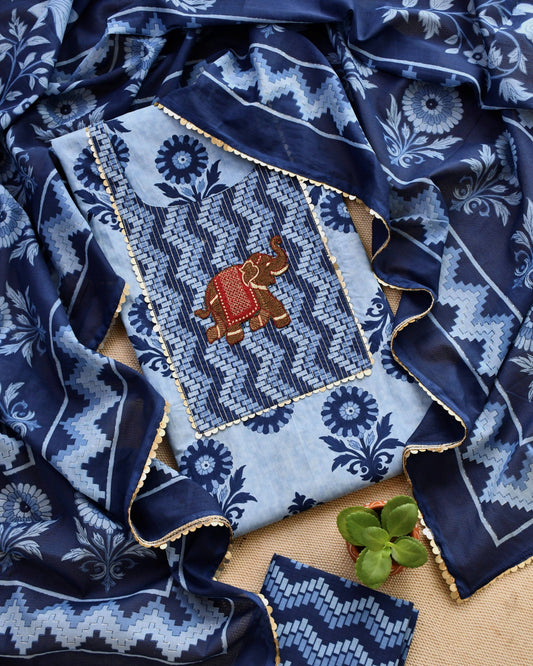 Artisanal Hand-Block Print Cotton Unstitched Suit Set with  Embroidery