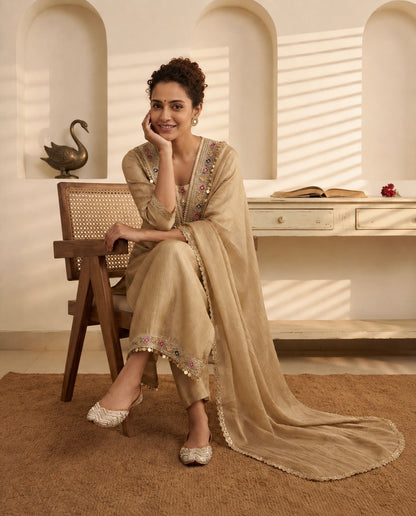 Crushed Tissue Silk Unstitched Suit Set with Embroidered V-Neck