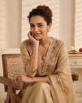 Crushed Tissue Silk Unstitched Suit Set with Embroidered V-Neck