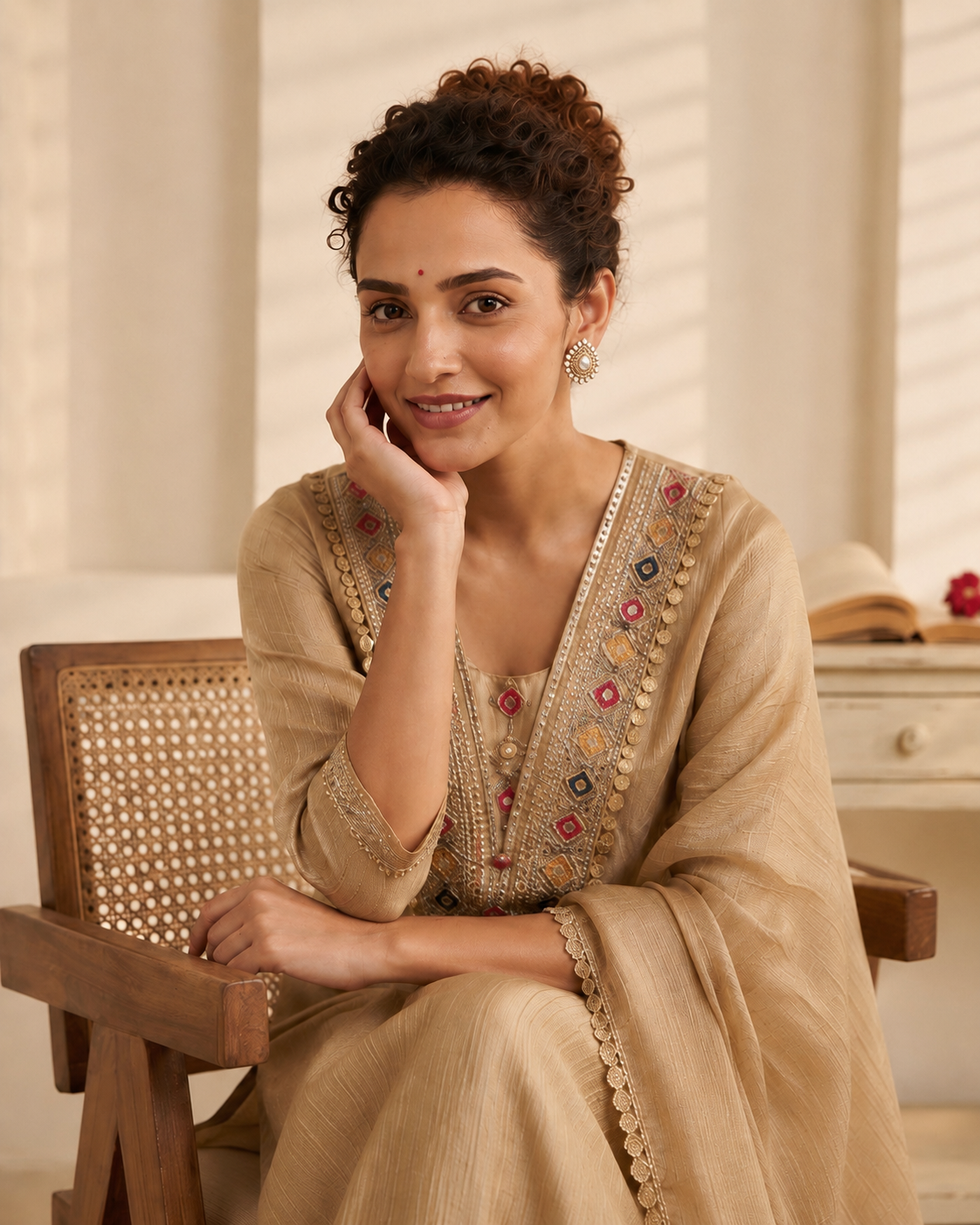 Crushed Tissue Silk Unstitched Suit Set with Embroidered V-Neck
