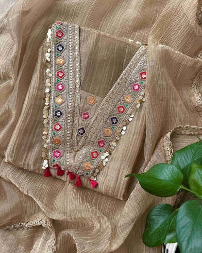 Crushed Tissue Silk Unstitched Suit Set with Embroidered V-Neck