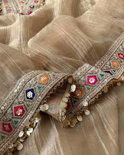 Crushed Tissue Silk Unstitched Suit Set with Embroidered V-Neck