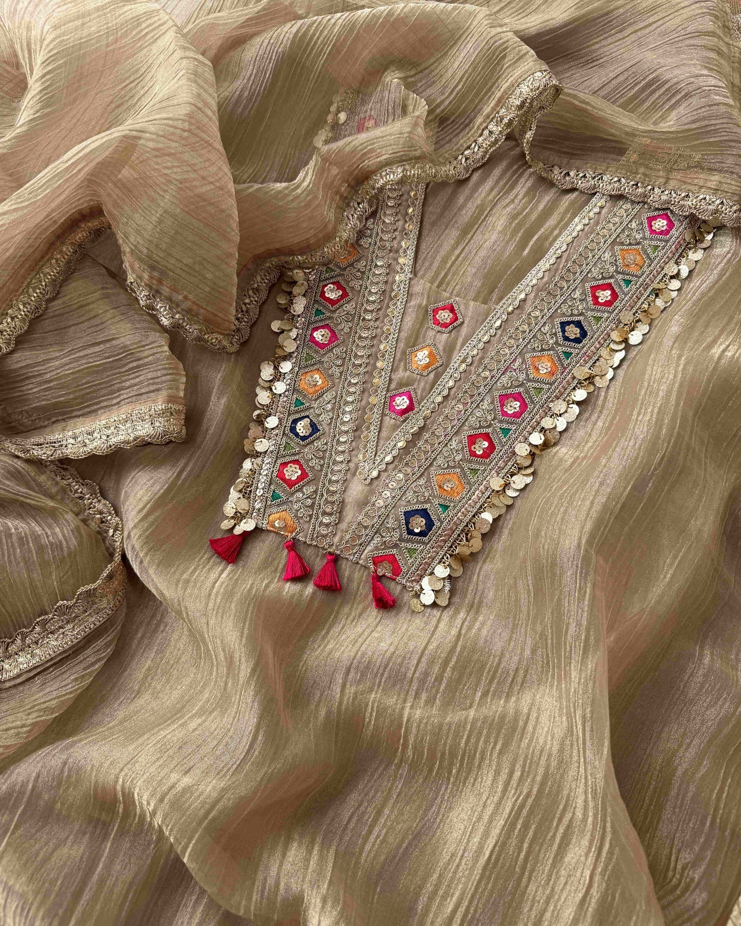 Crushed Tissue Silk Unstitched Suit Set with Embroidered V-Neck
