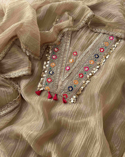 Crushed Tissue Silk Unstitched Suit Set with Embroidered V-Neck