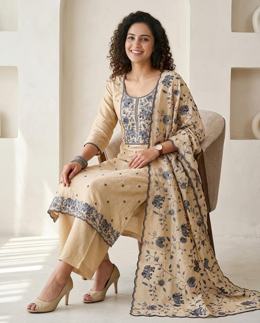 Premium Crushed Tissue Unstitched Suit Set with Elephant & Floral Embroidery
