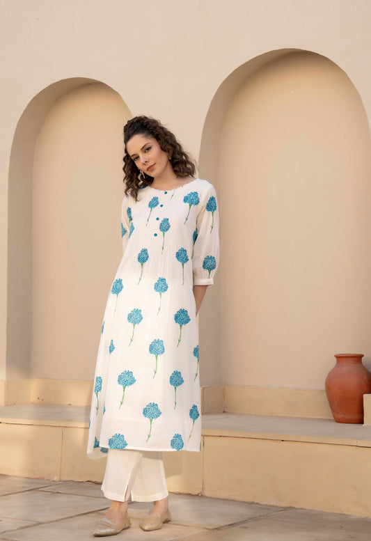 Blue White Kurta With Pants- Set Of 2
