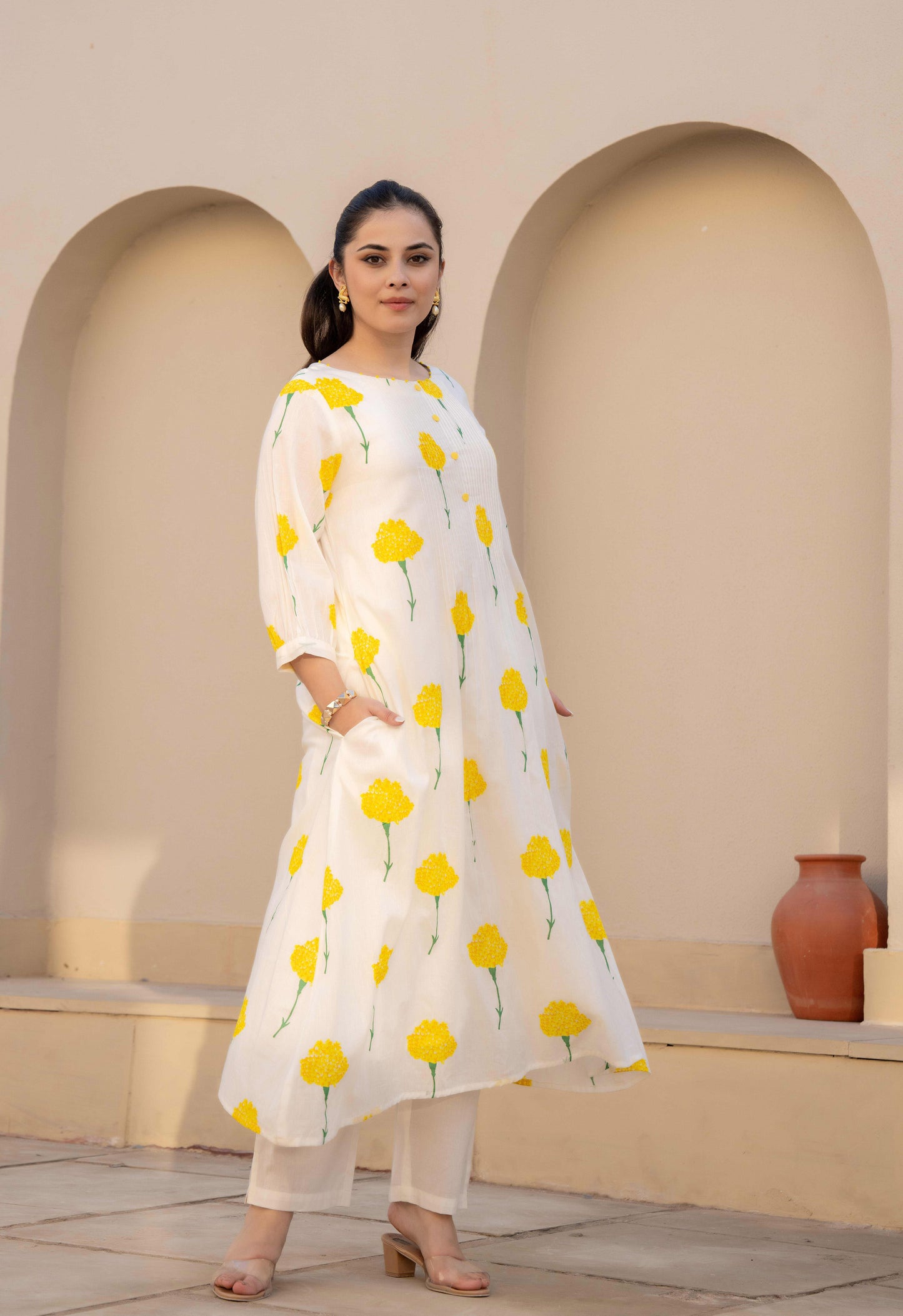 Yellow White Kurta With Pants- Set Of 2