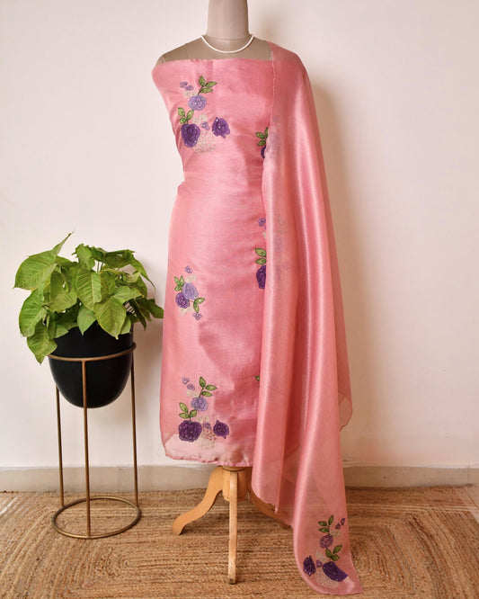 Doria Silk Floral Embroidered Unstitched Suit Set