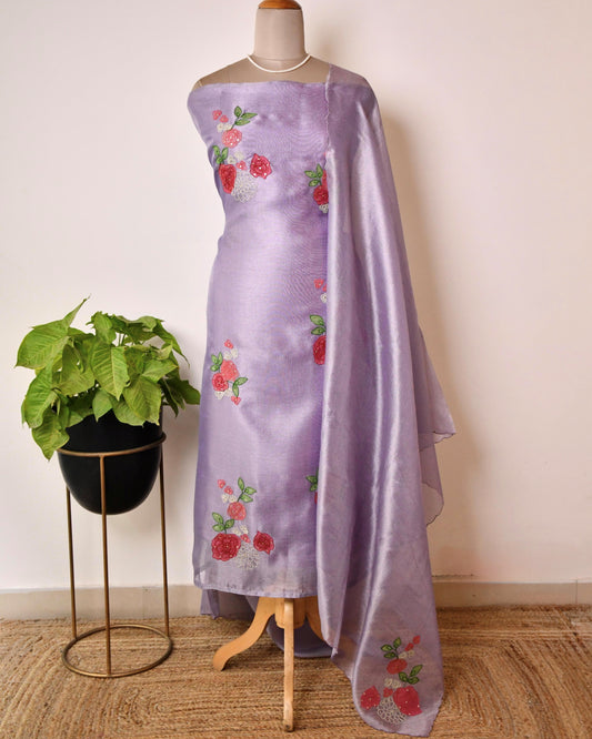 Doria Silk Floral Embroidered Unstitched Suit Set