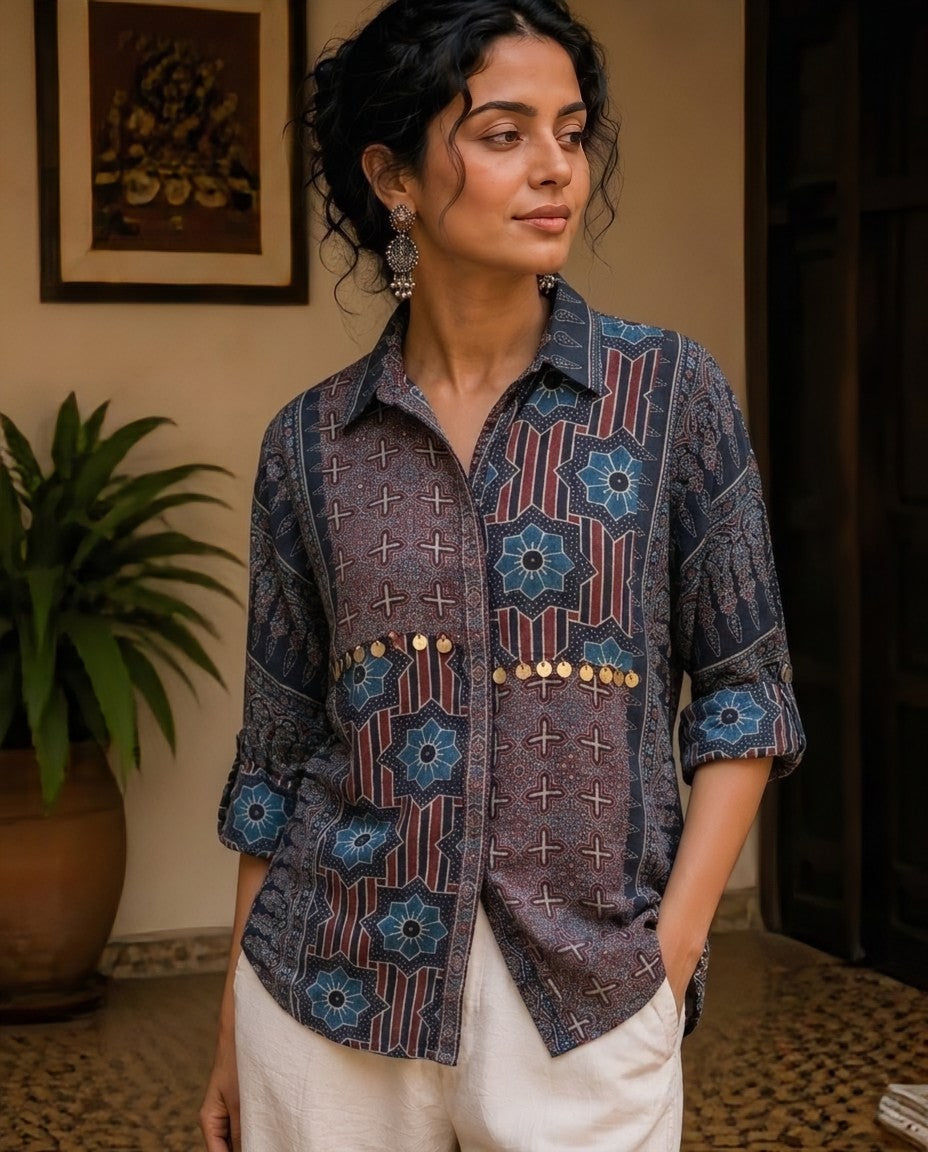 Relaxed Anti Fit Indigo Print Modal Silk Shirt with Coin Detail