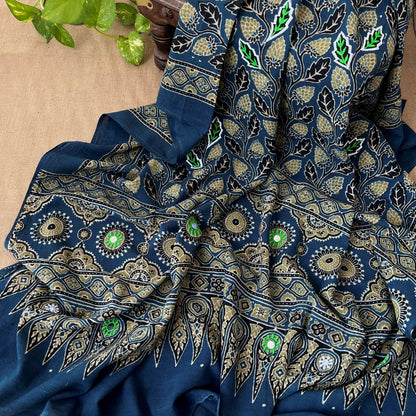 Ajrakh Hand Dyed Block Printed Embroidered Dupatta