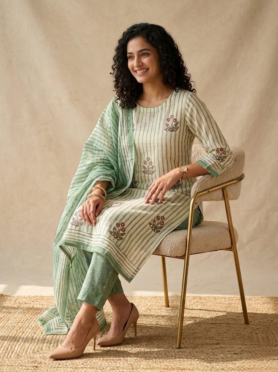 Sage Green Striped Linen Unstitched Suit with Mirror Work