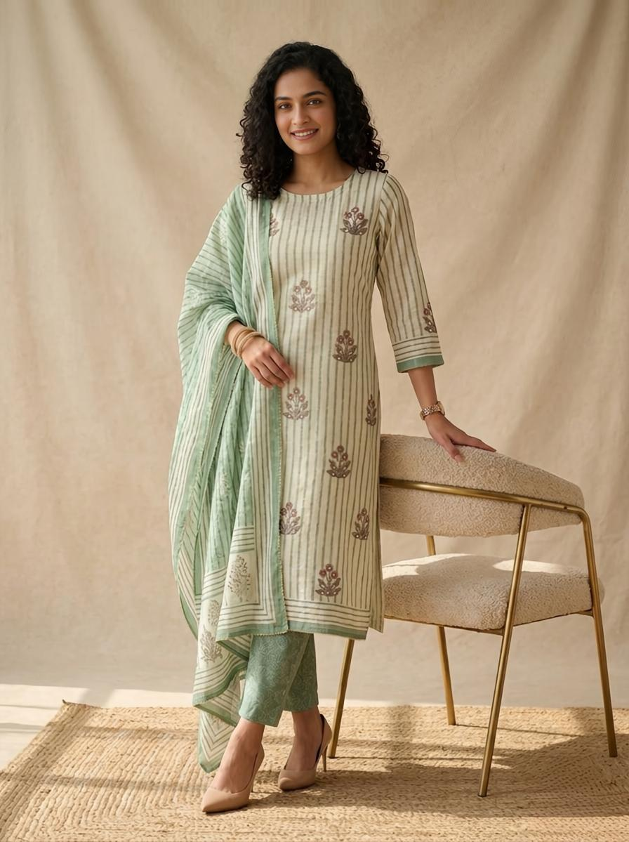 Sage Green Striped Linen Unstitched Suit with Mirror Work