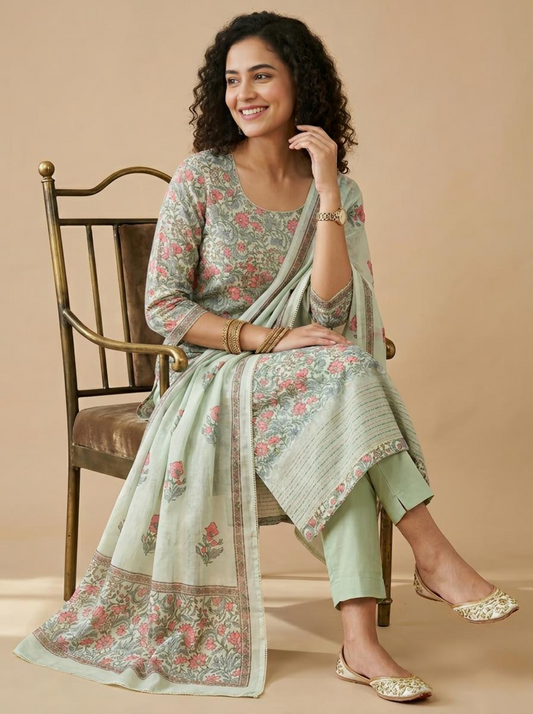 Premium Linen Floral Unstitched Suit Set with Hand-Block Prints & Kantha Work