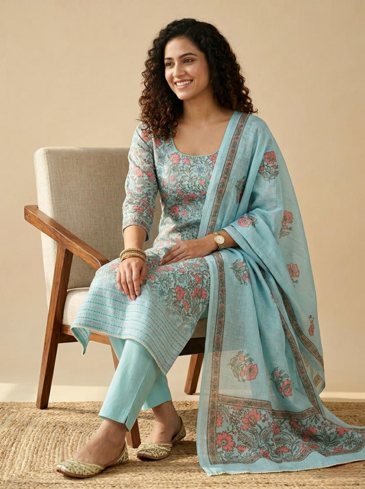 Premium Linen Floral Unstitched Suit Set with Hand-Block Prints & Kantha Work