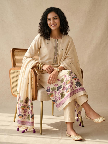 Exquisite Handcrafted Jamdani Weave Unstitched Suit Set with Mirror Work