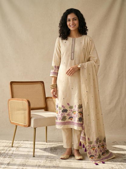 Exquisite Handcrafted Jamdani Weave Unstitched Suit Set with Mirror Work