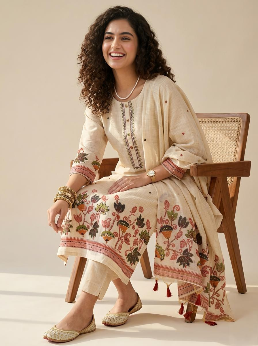 Exquisite Handcrafted Jamdani Weave Unstitched Suit Set with Mirror Work