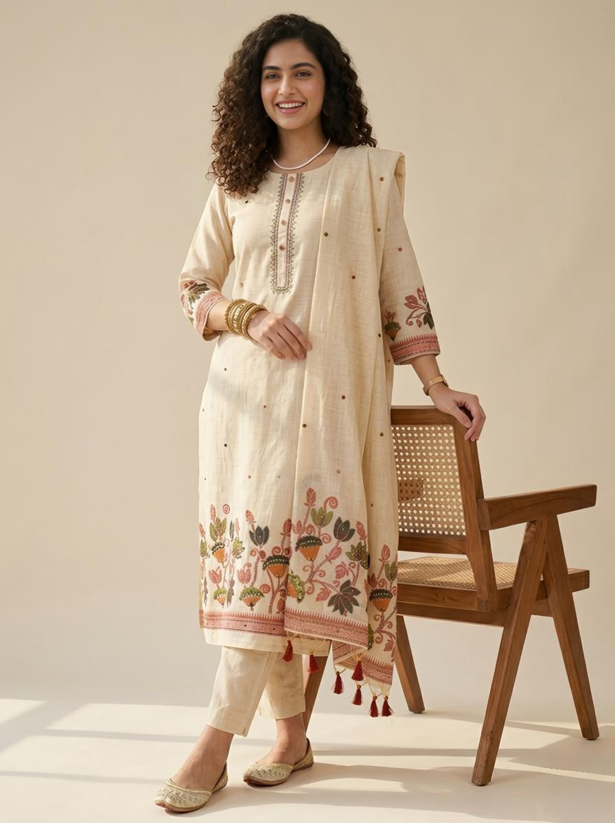 Exquisite Handcrafted Jamdani Weave Unstitched Suit Set with Mirror Work