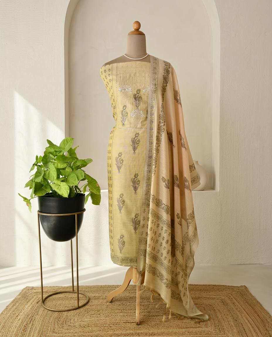 Premium Chanderi Silk Unstitched Suit Set with Elegant Mirror Work