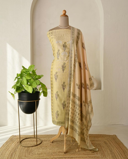 Premium Chanderi Silk Unstitched Suit Set with Elegant Mirror Work
