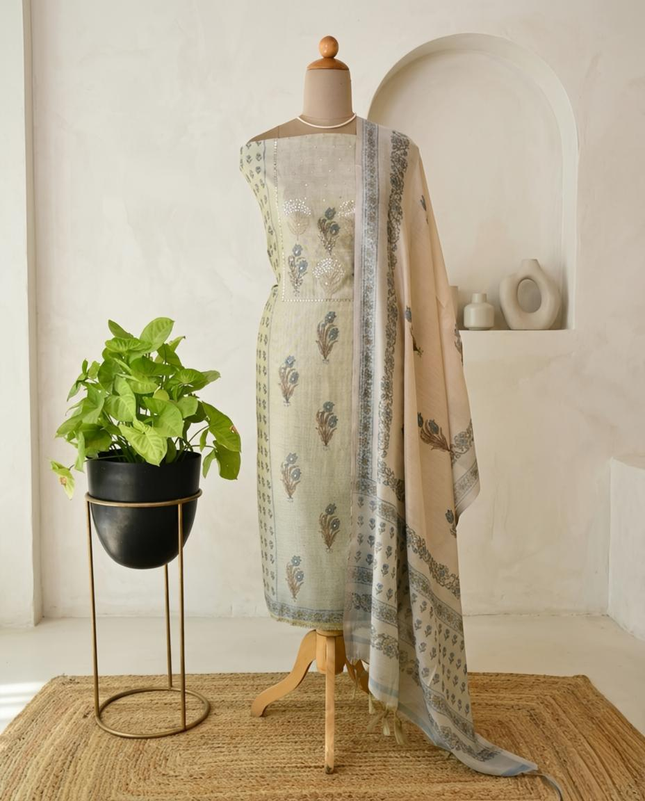 Premium Chanderi Silk Unstitched Suit Set with Elegant Mirror Work