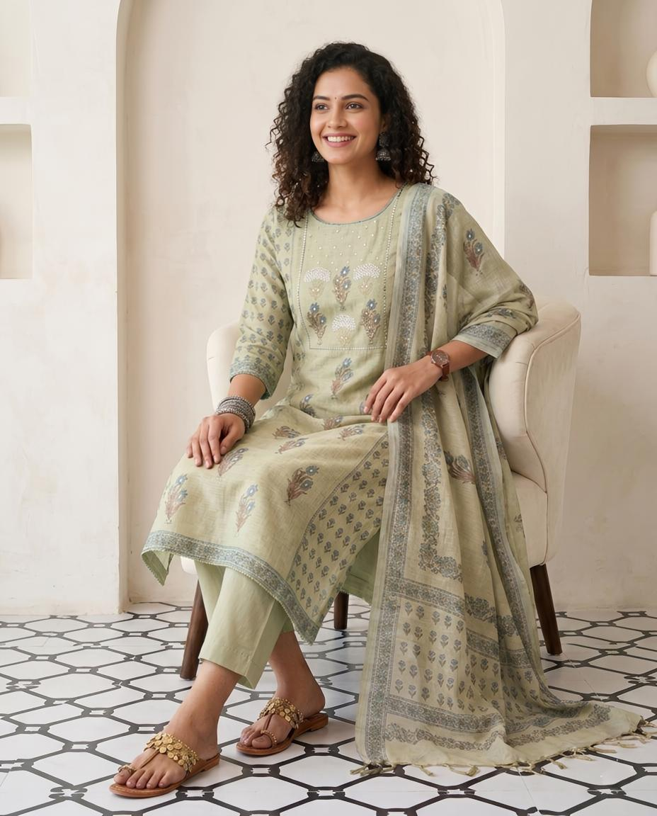 Premium Chanderi Silk Unstitched Suit Set with Elegant Mirror Work