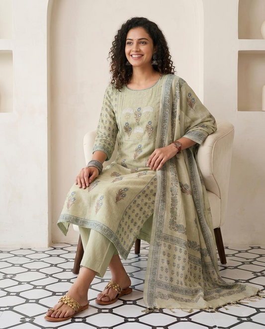 Premium Chanderi Silk Unstitched Suit Set with Elegant Mirror Work