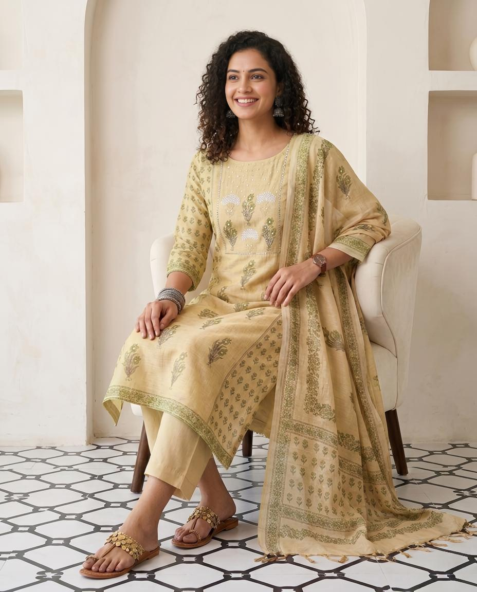 Premium Chanderi Silk Unstitched Suit Set with Elegant Mirror Work