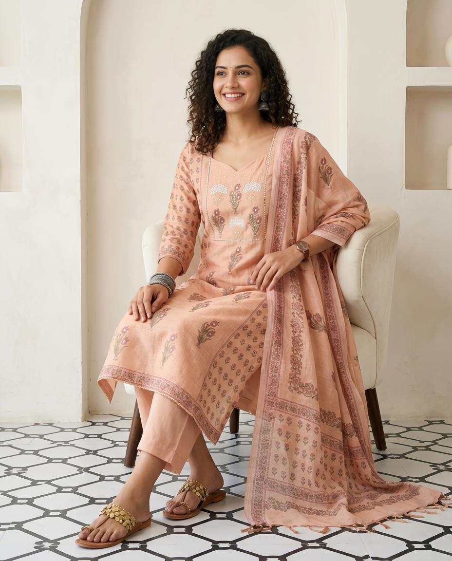 Premium Chanderi Silk Unstitched Suit Set with Elegant Mirror Work