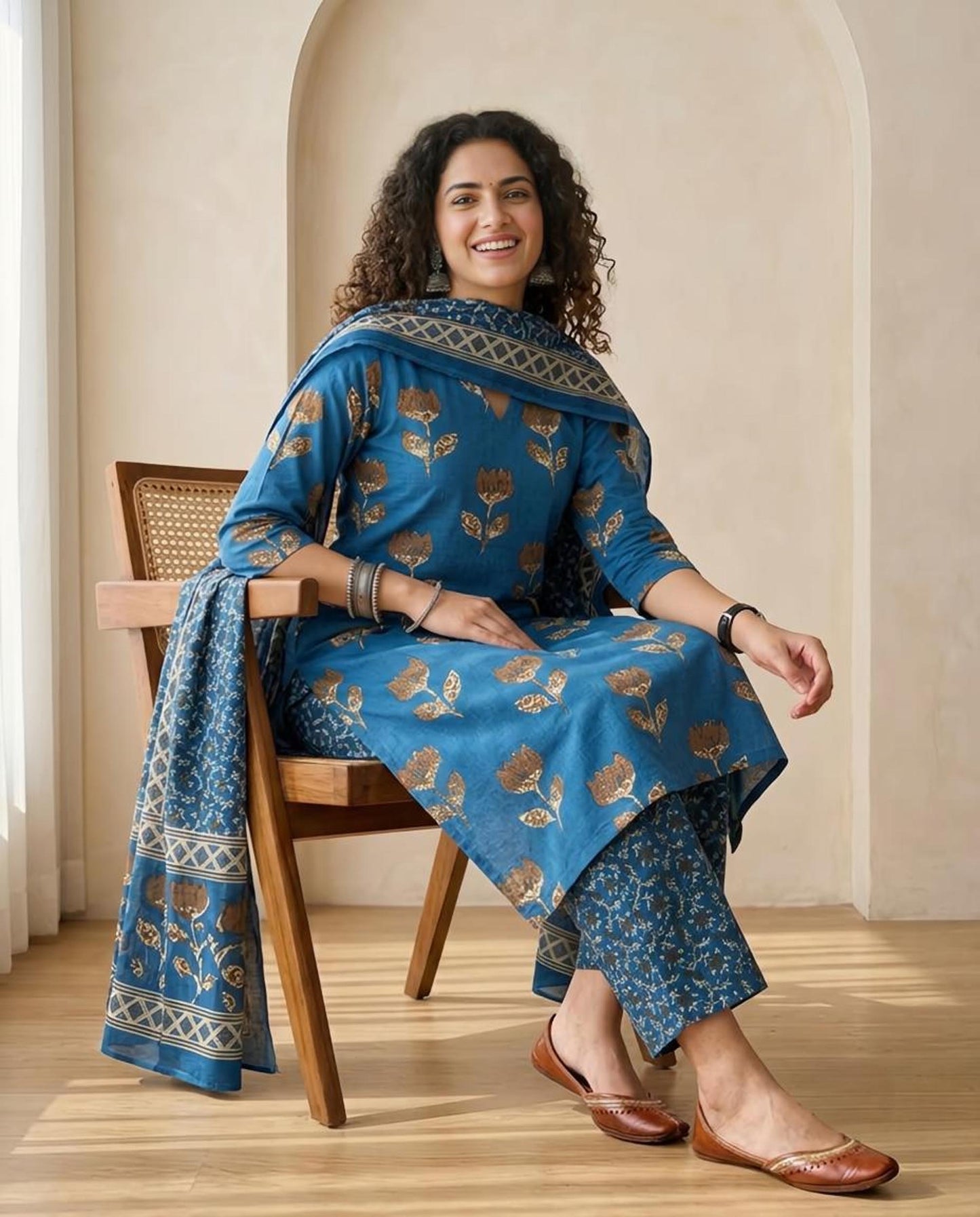 Indigo Blue Floral Print Premium Cotton Unstitched Suit Set