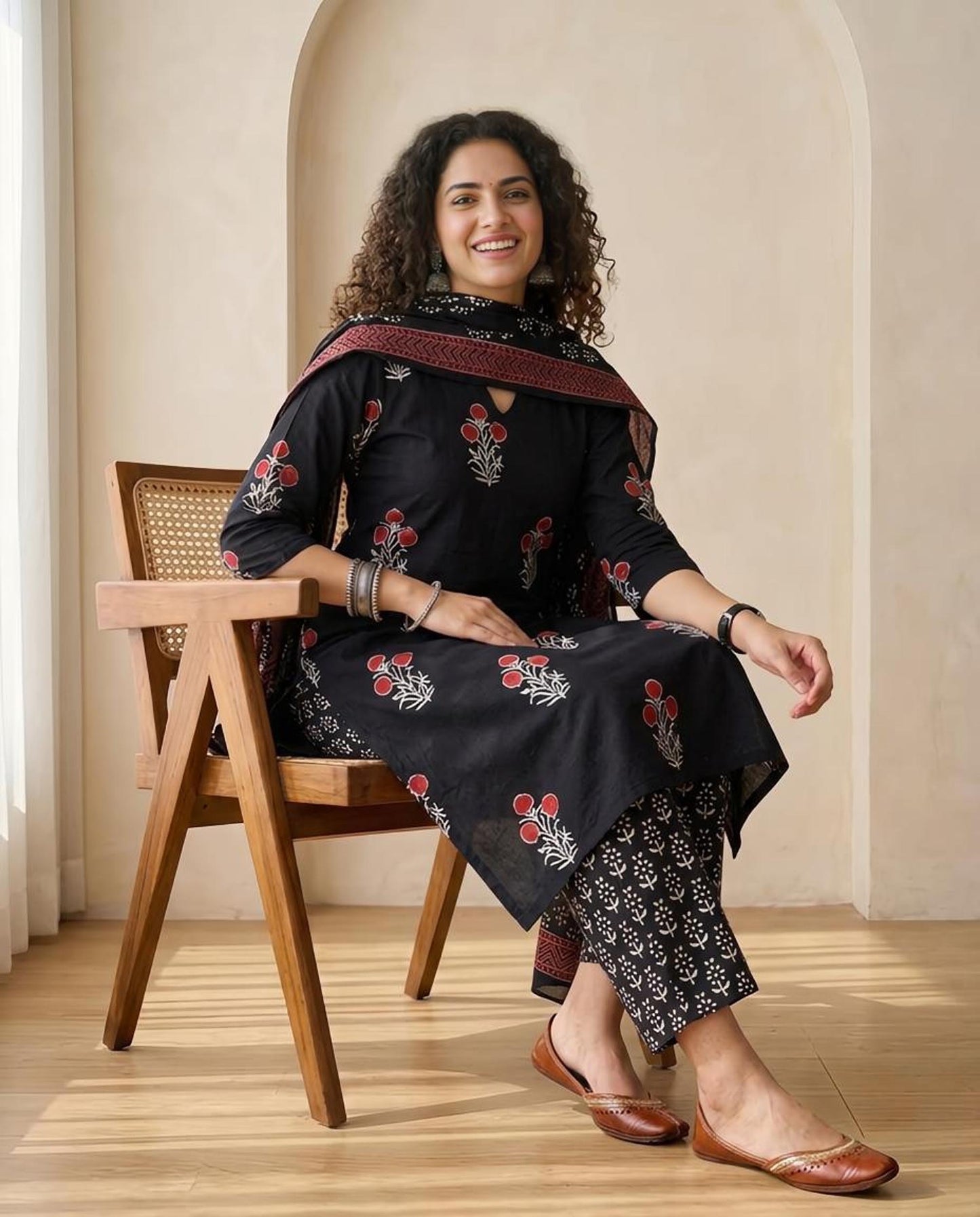 Premium Black Cotton Hand-Block Print Unstitched Suit