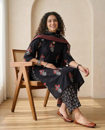 Premium Black Cotton Hand-Block Print Unstitched Suit