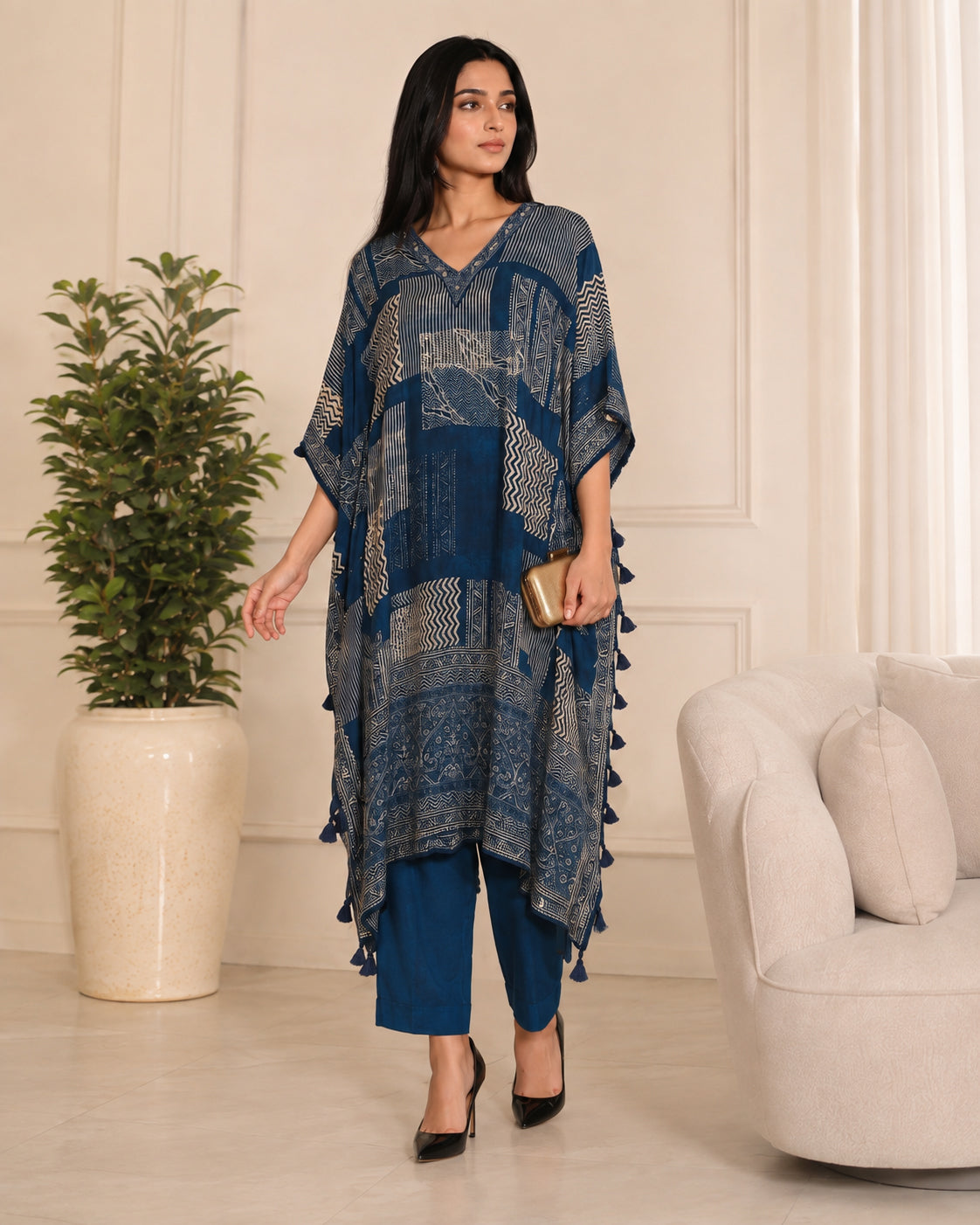 Indigo Blue Printed Modal Muslin Kaftan Top with Straight Pants Set