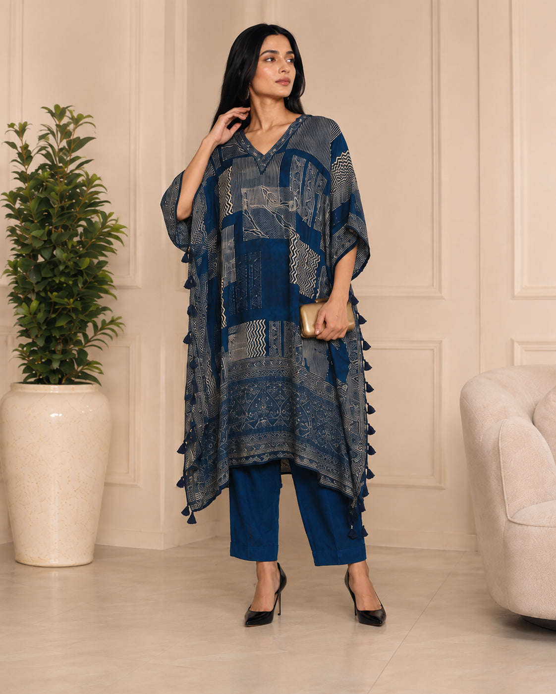 Indigo Blue Printed Modal Muslin Kaftan Top with Straight Pants Set